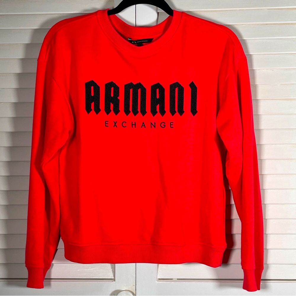 Armani Exchange crop sweatshirt. Neon coral black spell out size S